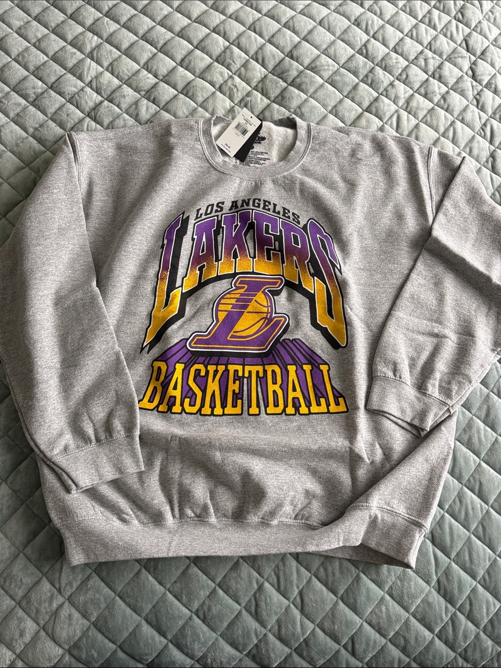 Junk Food Clothing Gray Lakers Basketball Crewneck with Purple & Gold Logo